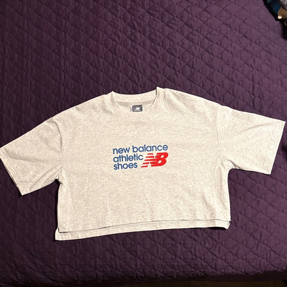 NWT New Balance Light Gray Crop Top with Red and Blue Logo